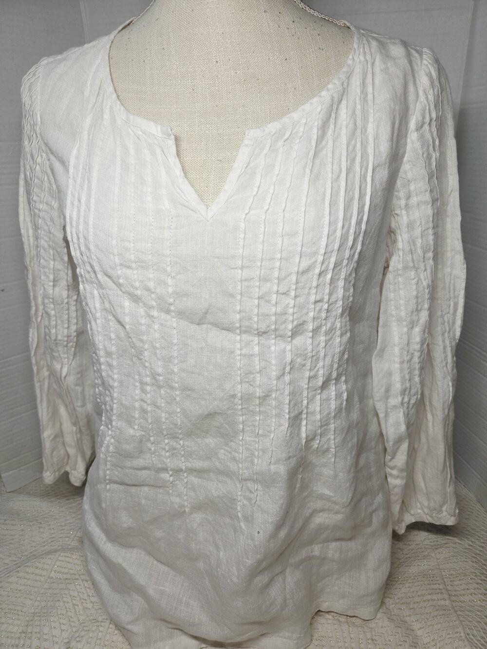 TALBOTS 100% LINEN Seafoam White Sp Pintuck Tunic Shirt Boho Peasant Coastal